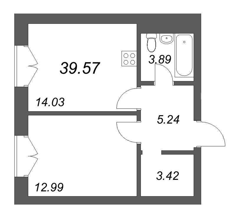 Планировка: 1 ккв, 39,6 м², 38 739 030 ₽