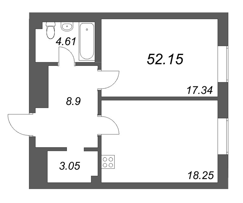 Планировка: 2 ккв (Евро), 52,2 м², 41 680 888 ₽