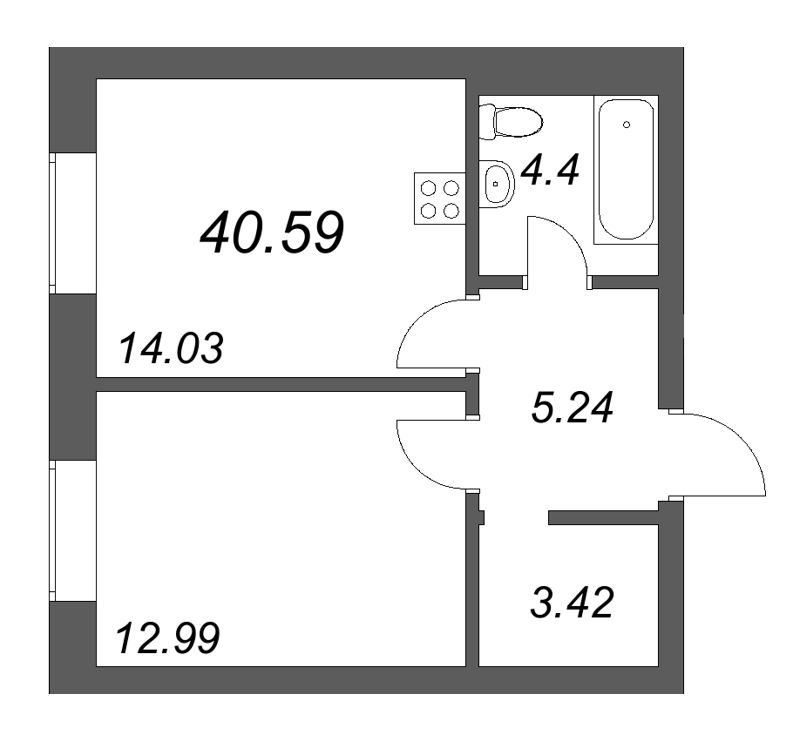 Планировка: 1 ккв, 40,6 м², 33 040 260 ₽