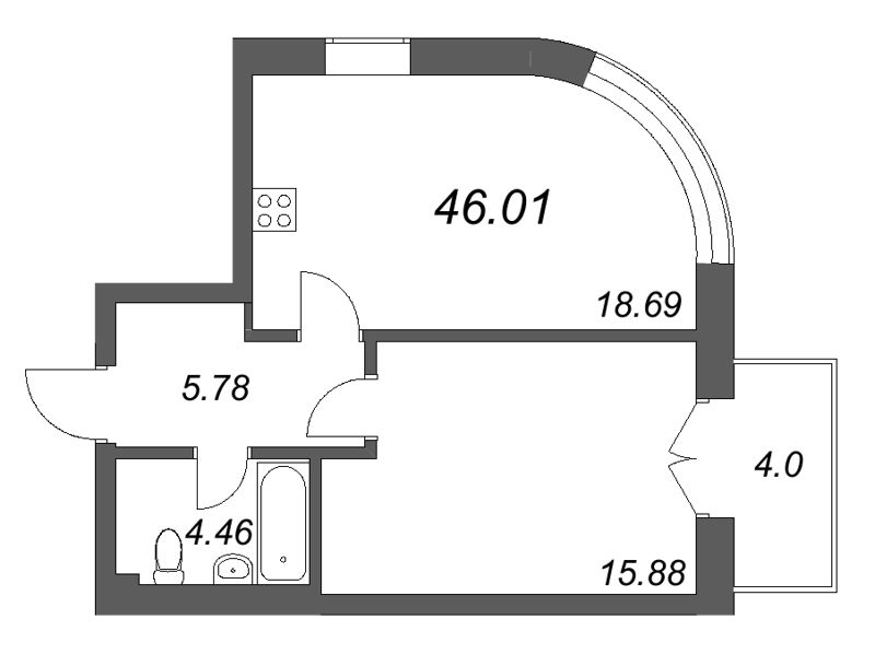 Планировка: 2 ккв (Евро), 46 м², 38 464 360 ₽