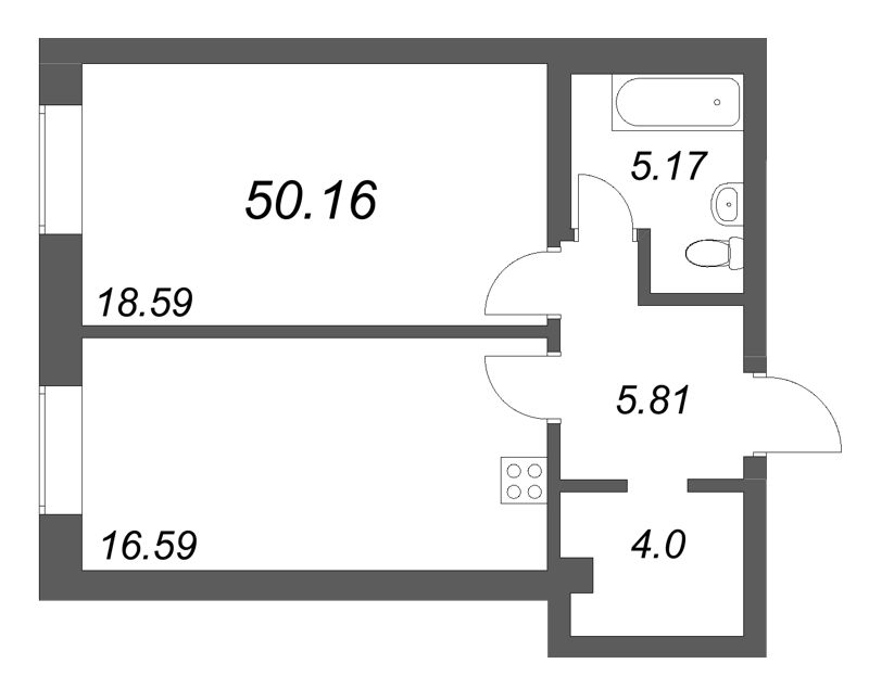 Планировка: 2 ккв (Евро), 50,2 м², 40 830 240 ₽