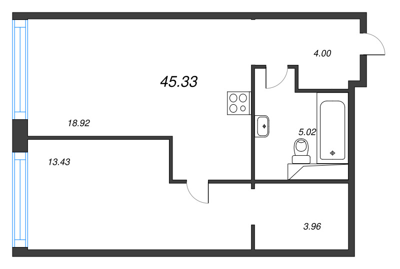 Планировка: 2 ккв (Евро), 45,3 м², 25 690 000 ₽