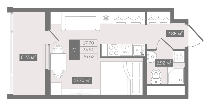Планировка: Студия, 26,6 м², 19 404 223 ₽