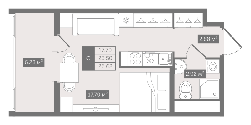 Планировка: Студия, 26,6 м², 17 596 991 ₽
