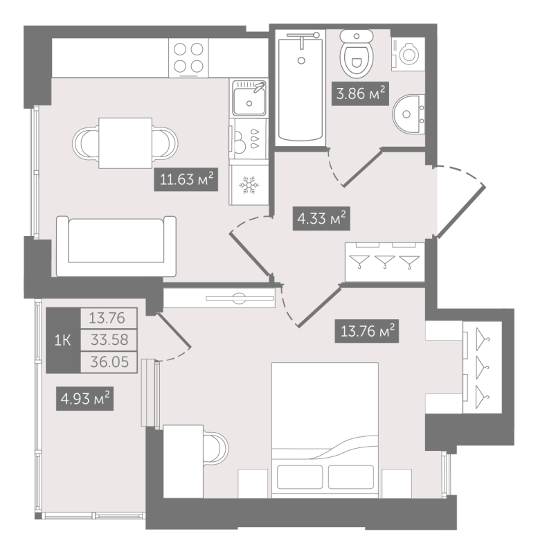 Планировка: 1 ккв, 36,1 м², 21 423 434 ₽