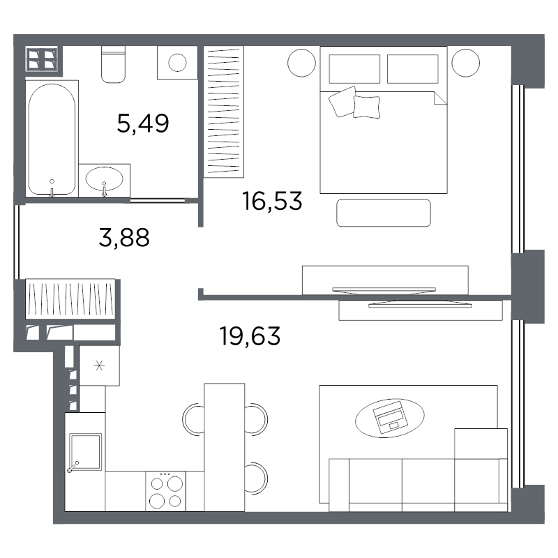 Планировка: 2 ккв (Евро), 45,5 м², 26 953 760 ₽