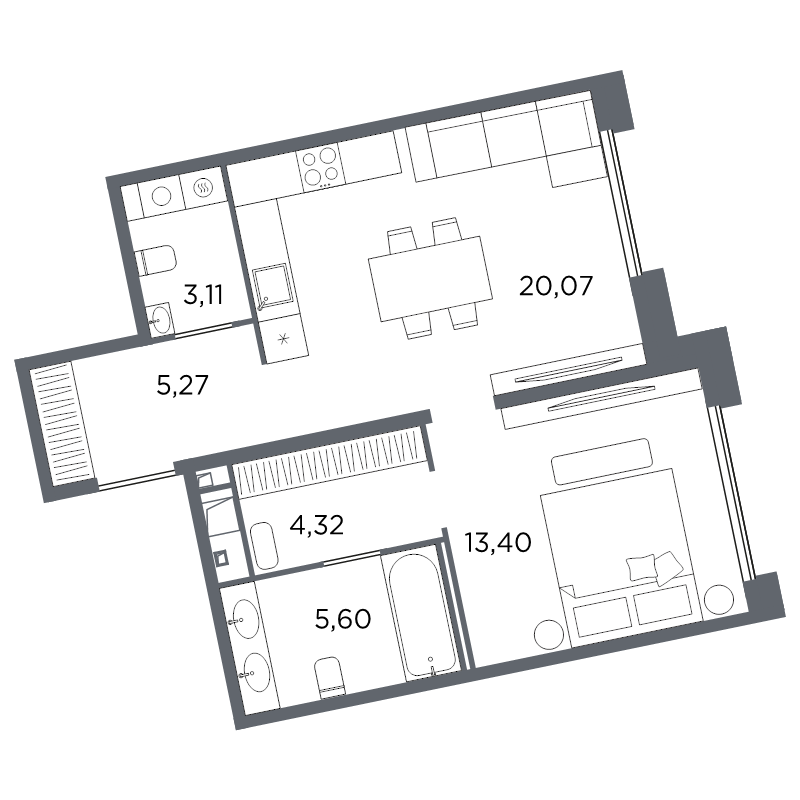 Планировка: 2 ккв (Евро), 51,8 м², 26 796 152 ₽