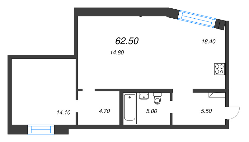 Планировка: 2 ккв (Евро), 62,5 м², 42 803 938 ₽