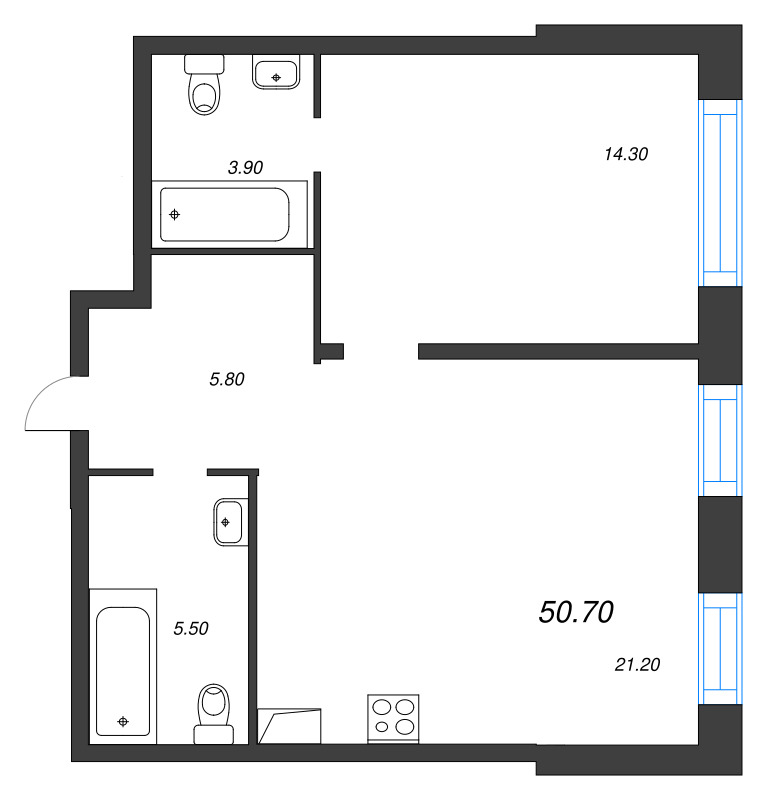 Планировка: 2 ккв (Евро), 50,7 м², 42 931 848 ₽