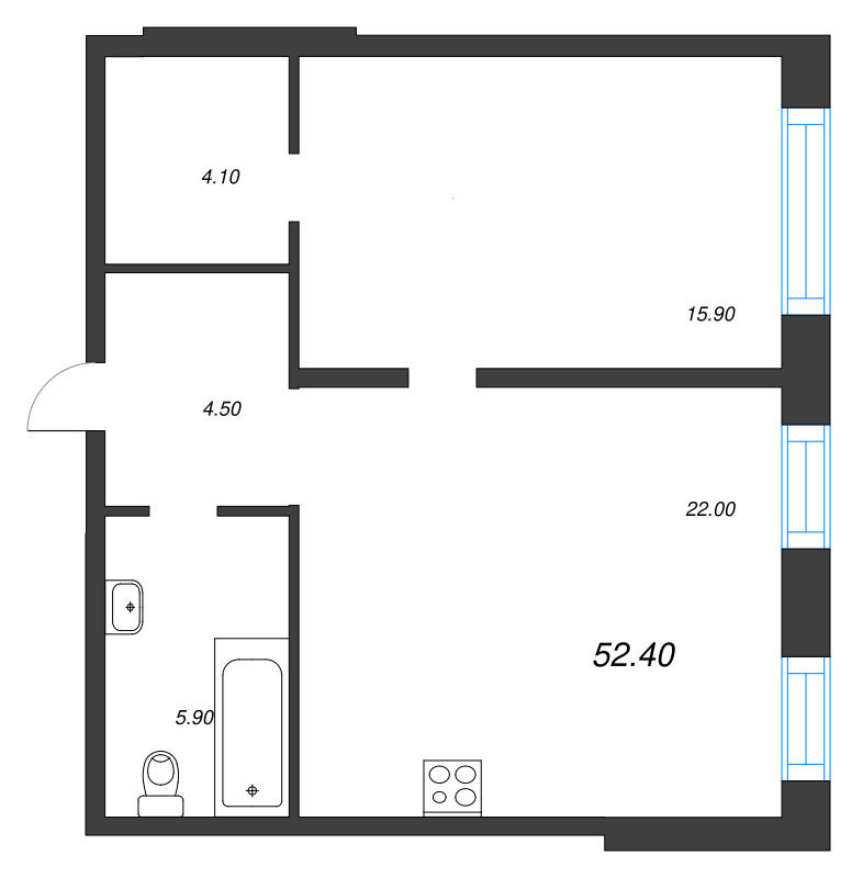 Планировка: 2 ккв (Евро), 52,4 м², 36 922 455 ₽