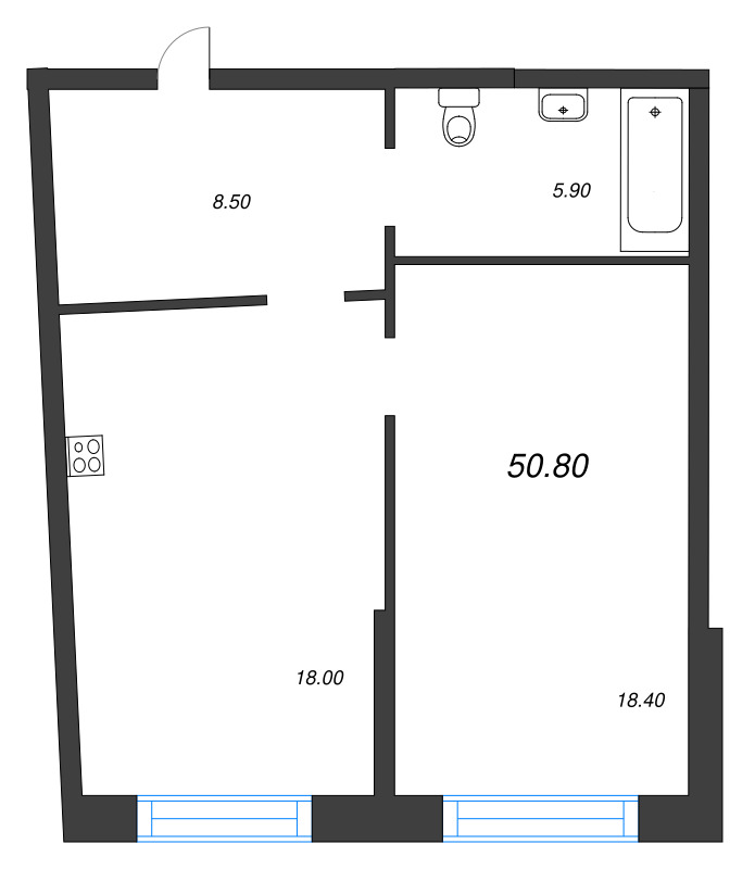 Планировка: 2 ккв (Евро), 50,8 м², 34 761 932 ₽