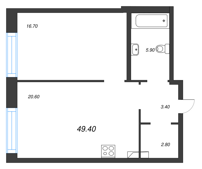 Планировка: 2 ккв (Евро), 49,4 м², 37 308 066 ₽