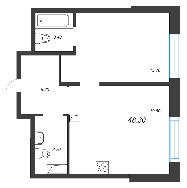 Планировка: 2 ккв (Евро), 48,3 м², 40 429 854 ₽