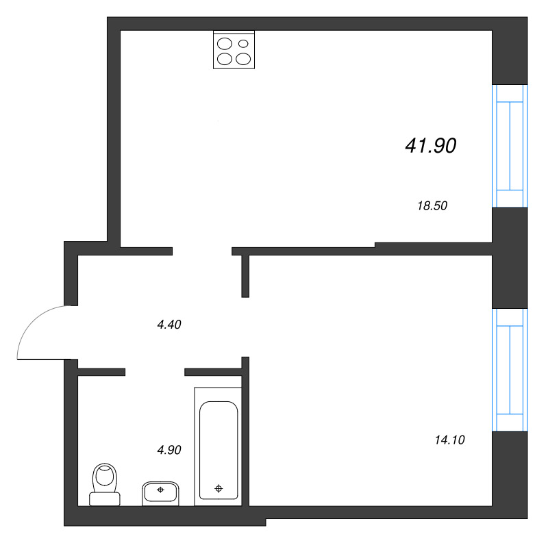 Планировка: 2 ккв (Евро), 41,9 м², 31 732 337 ₽