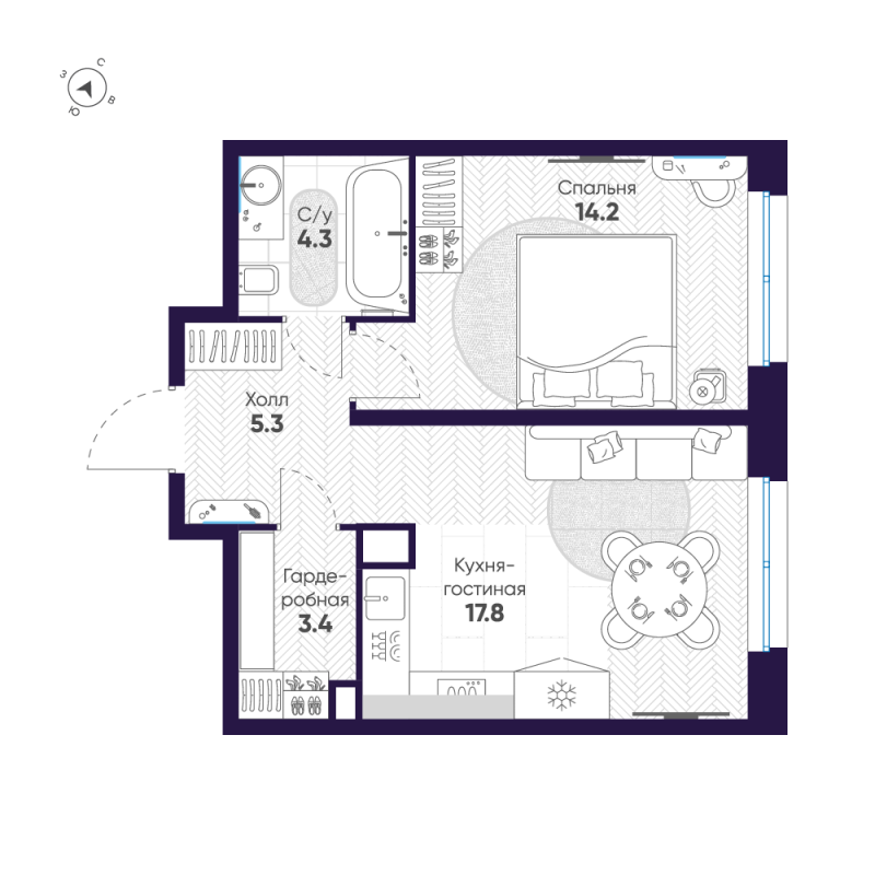 Планировка: 2 ккв (Евро), 45 м², 42 413 085 ₽