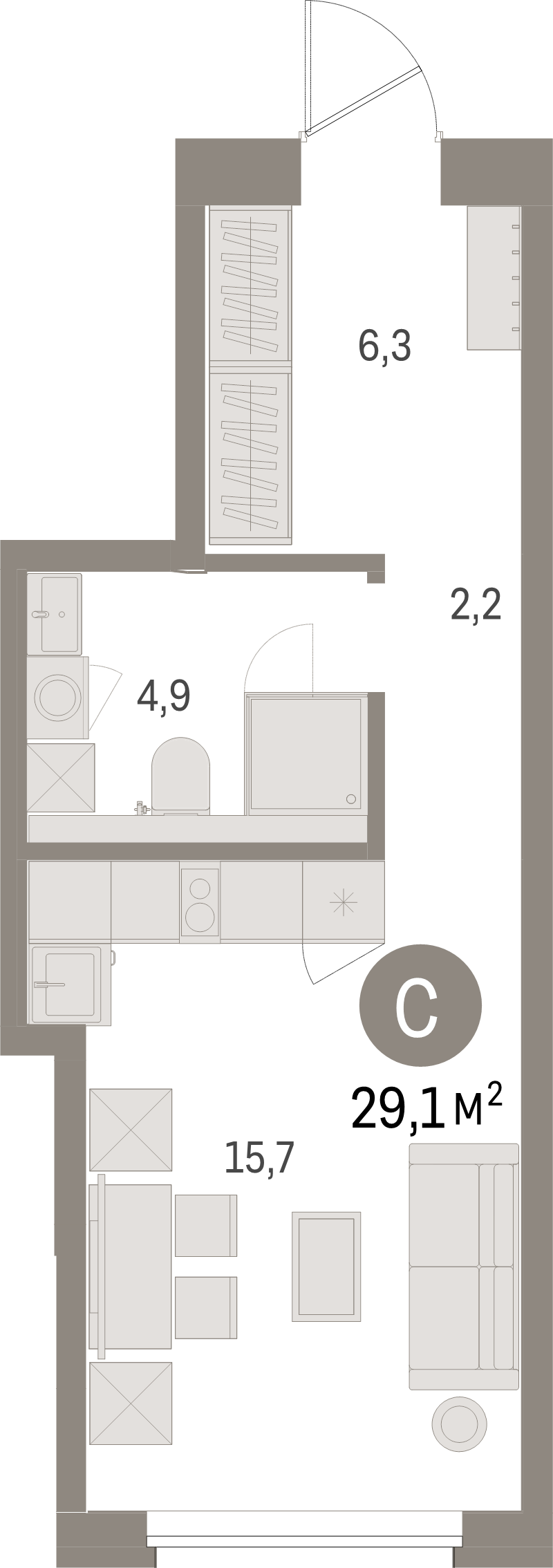 Планировка: Студия, 29,1 м², 11 860 000 ₽