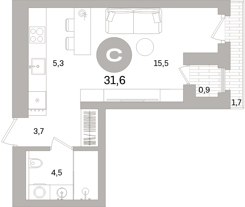 Планировка: Студия, 31,6 м², 12 430 000 ₽
