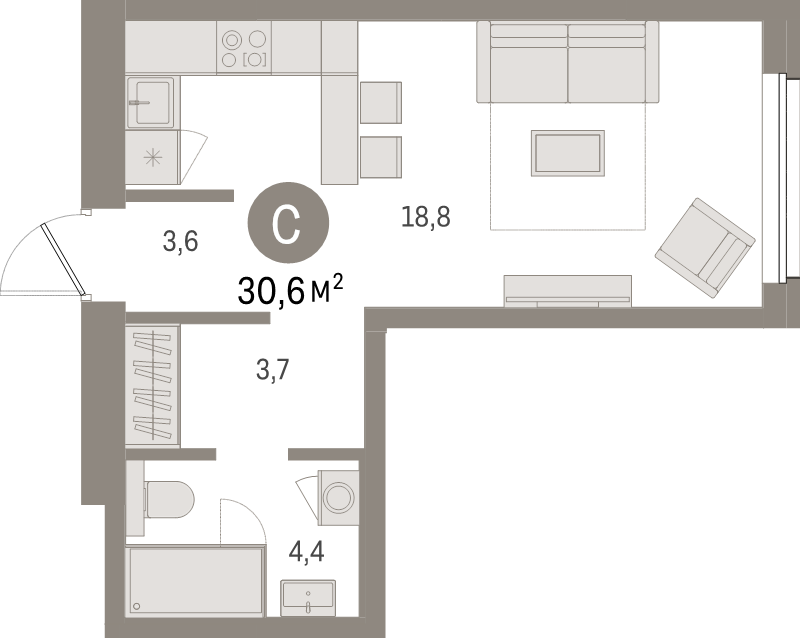 Планировка: Студия, 30,6 м², 12 410 000 ₽