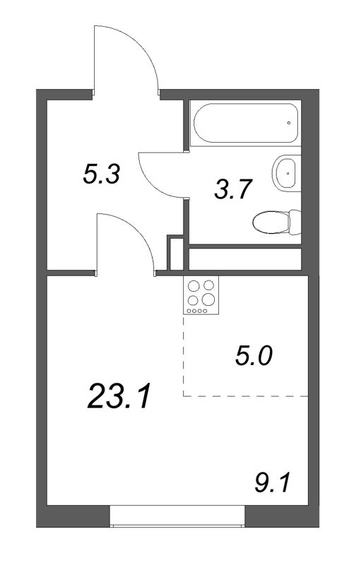 Планировка: Студия, 23,1 м², 9 095 089 ₽