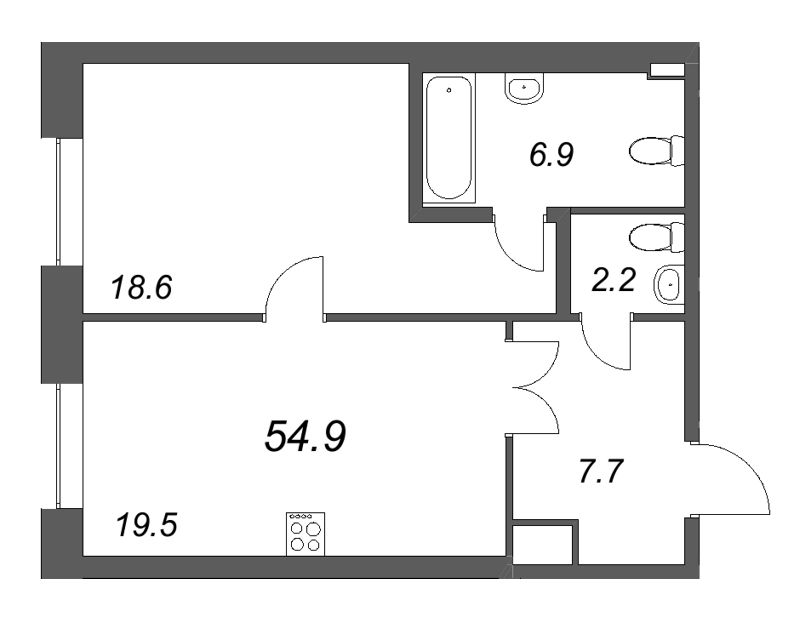 Планировка: 2 ккв (Евро), 54,9 м², 40 612 829 ₽