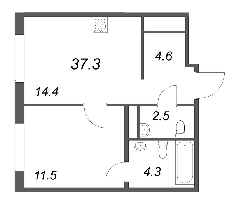 Планировка: 1 ккв, 37,3 м², 19 141 069 ₽