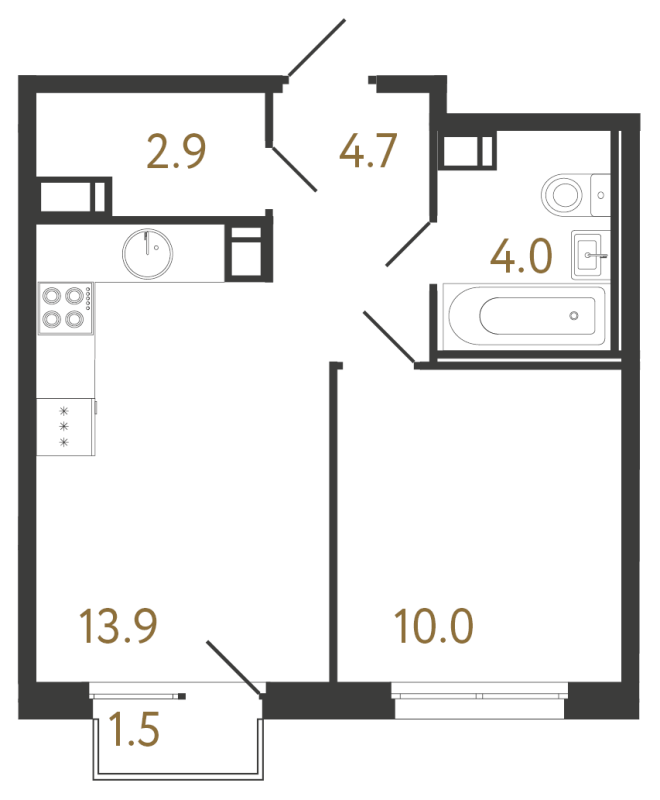 Планировка: 1 ккв, 35,5 м², 14 355 902 ₽