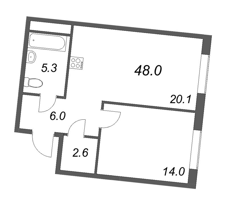 Планировка: 2 ккв (Евро), 48 м², 33 423 514 ₽
