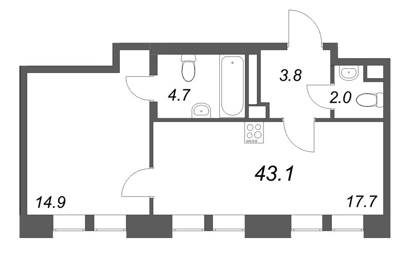 Планировка: 2 ккв (Евро), 43,1 м², 35 232 063 ₽