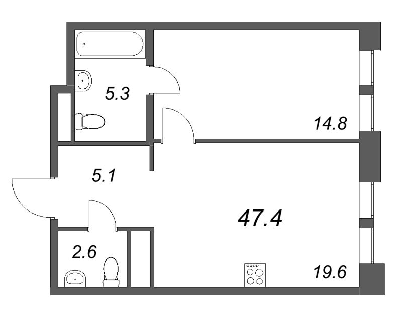 Планировка: 2 ккв (Евро), 47,4 м², 42 124 404 ₽