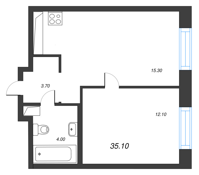 Планировка: 2 ккв (Евро), 35,1 м², 12 490 000 ₽