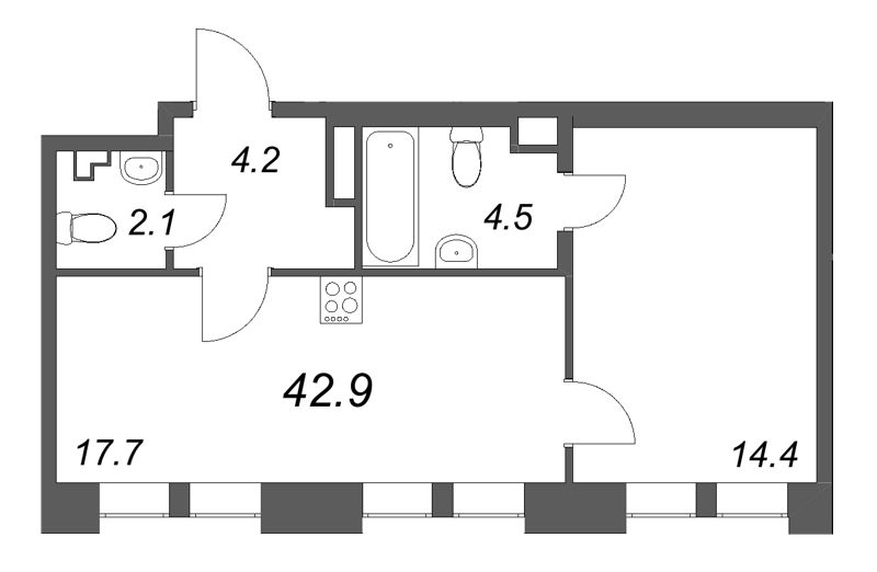 Планировка: 2 ккв (Евро), 42,9 м², 40 110 917 ₽