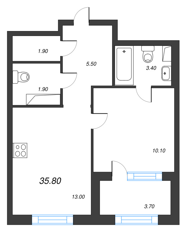 Планировка: 1 ккв, 35,8 м², 14 777 349 ₽
