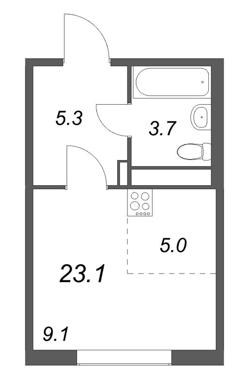 Планировка: Студия, 23,1 м², 9 095 089 ₽
