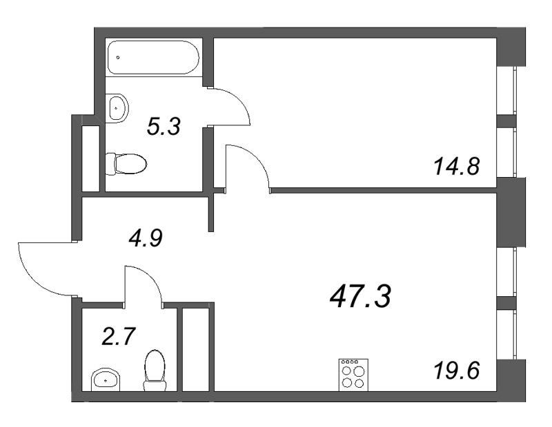 Планировка: 2 ккв (Евро), 47,3 м², 43 684 019 ₽