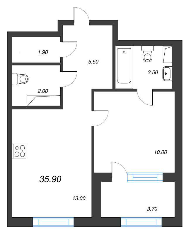 Планировка: 1 ккв, 35,9 м², 15 267 670 ₽