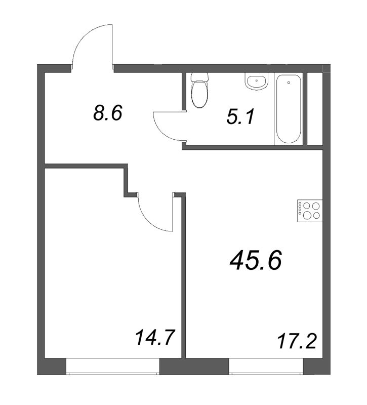 Планировка: 2 ккв (Евро), 45,6 м², 34 397 211 ₽