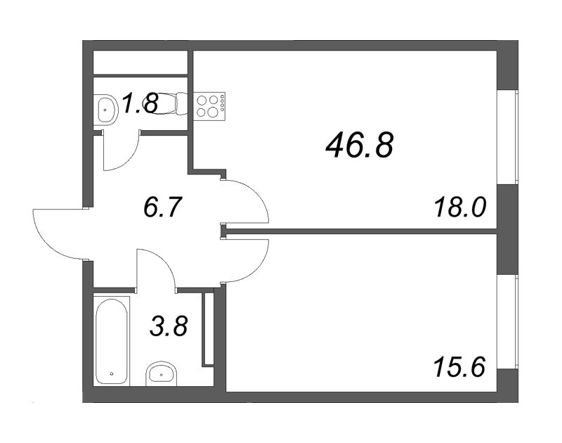 Планировка: 2 ккв (Евро), 46,8 м², 39 986 220 ₽