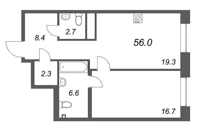 Планировка: 2 ккв (Евро), 56 м², 40 581 094 ₽