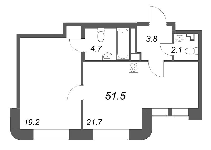 Планировка: 2 ккв (Евро), 51,5 м², 47 243 293 ₽