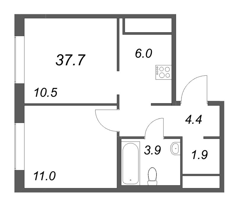 Планировка: 2 ккв (Евро), 37,7 м², 18 329 580 ₽
