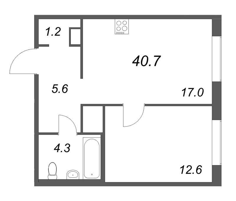 Планировка: 2 ккв (Евро), 40,7 м², 19 788 167 ₽