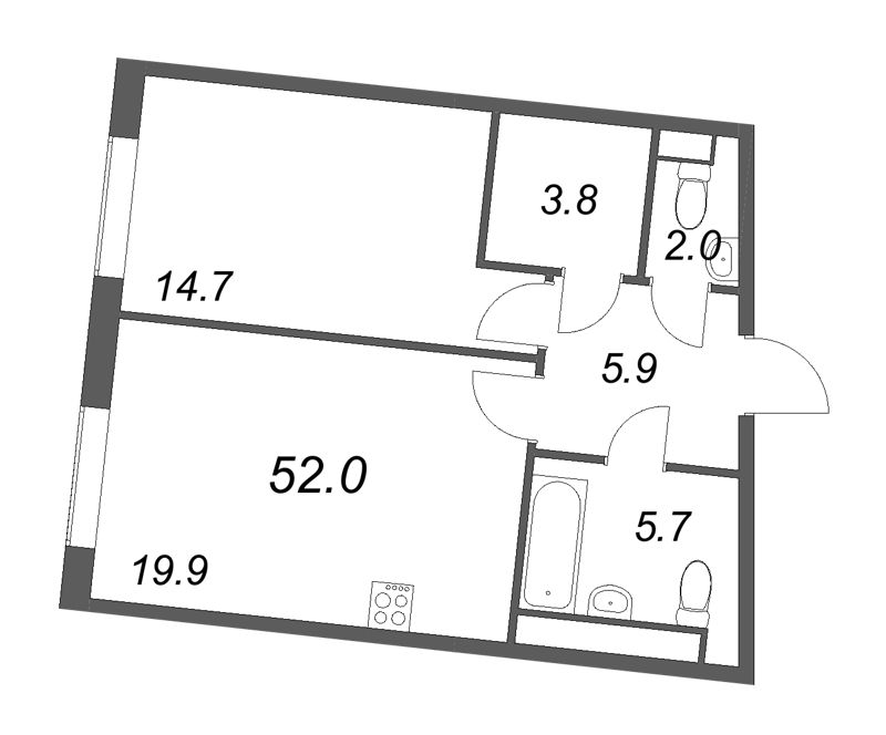 Планировка: 2 ккв (Евро), 52,2 м², 40 334 992 ₽