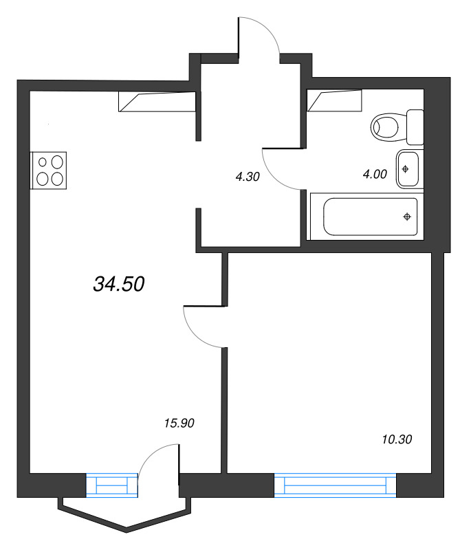 Планировка: 2 ккв (Евро), 34,5 м², 14 090 676 ₽