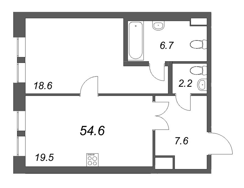 Планировка: 2 ккв (Евро), 54,6 м², 48 599 299 ₽