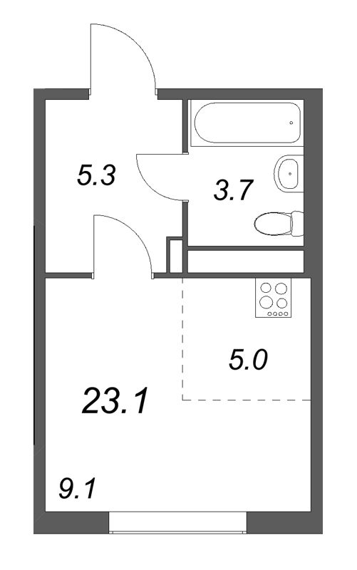 Планировка: Студия, 23,1 м², 9 095 089 ₽