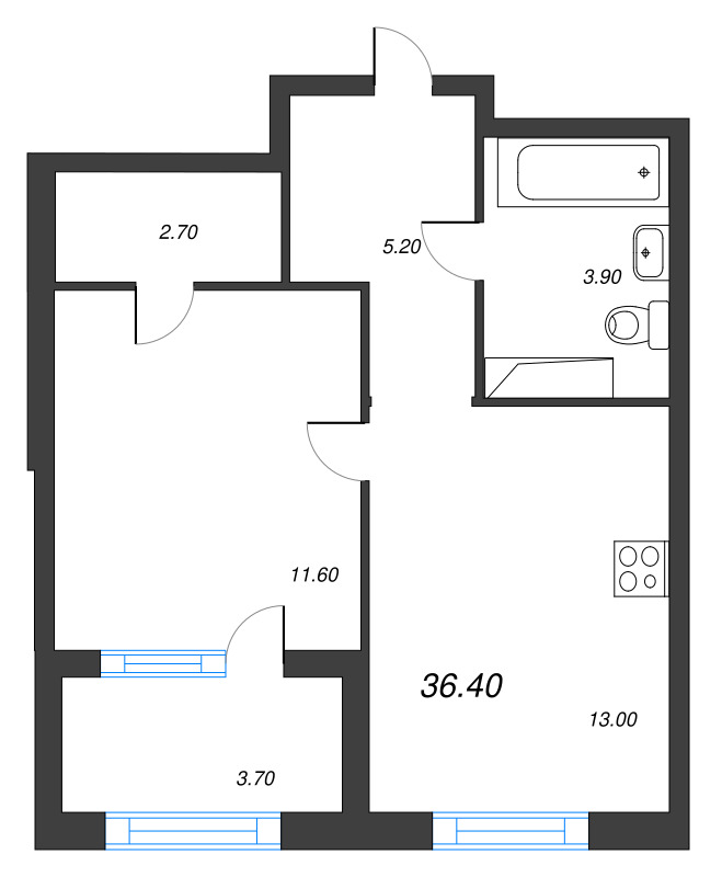Планировка: 1 ккв, 36,4 м², 15 025 014 ₽