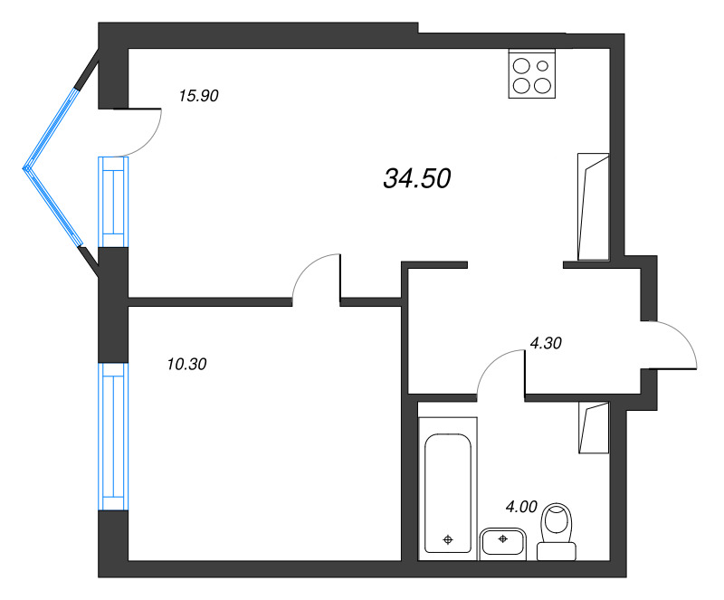 Планировка: 2 ккв (Евро), 34,5 м², 13 850 000 ₽