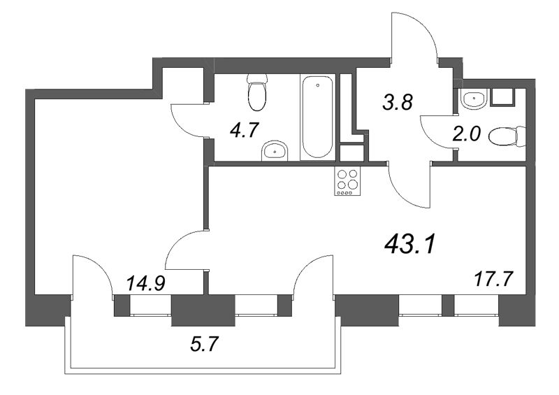 Планировка: 2 ккв (Евро), 43,1 м², 41 909 854 ₽