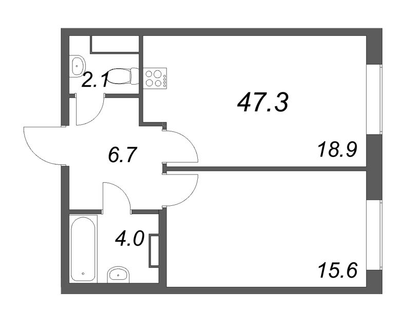 Планировка: 2 ккв (Евро), 47,3 м², 35 006 503 ₽