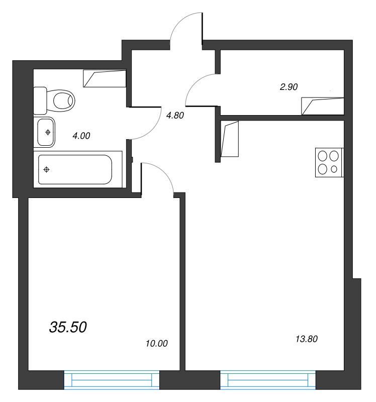 Планировка: 1 ккв, 35,5 м², 14 212 702 ₽